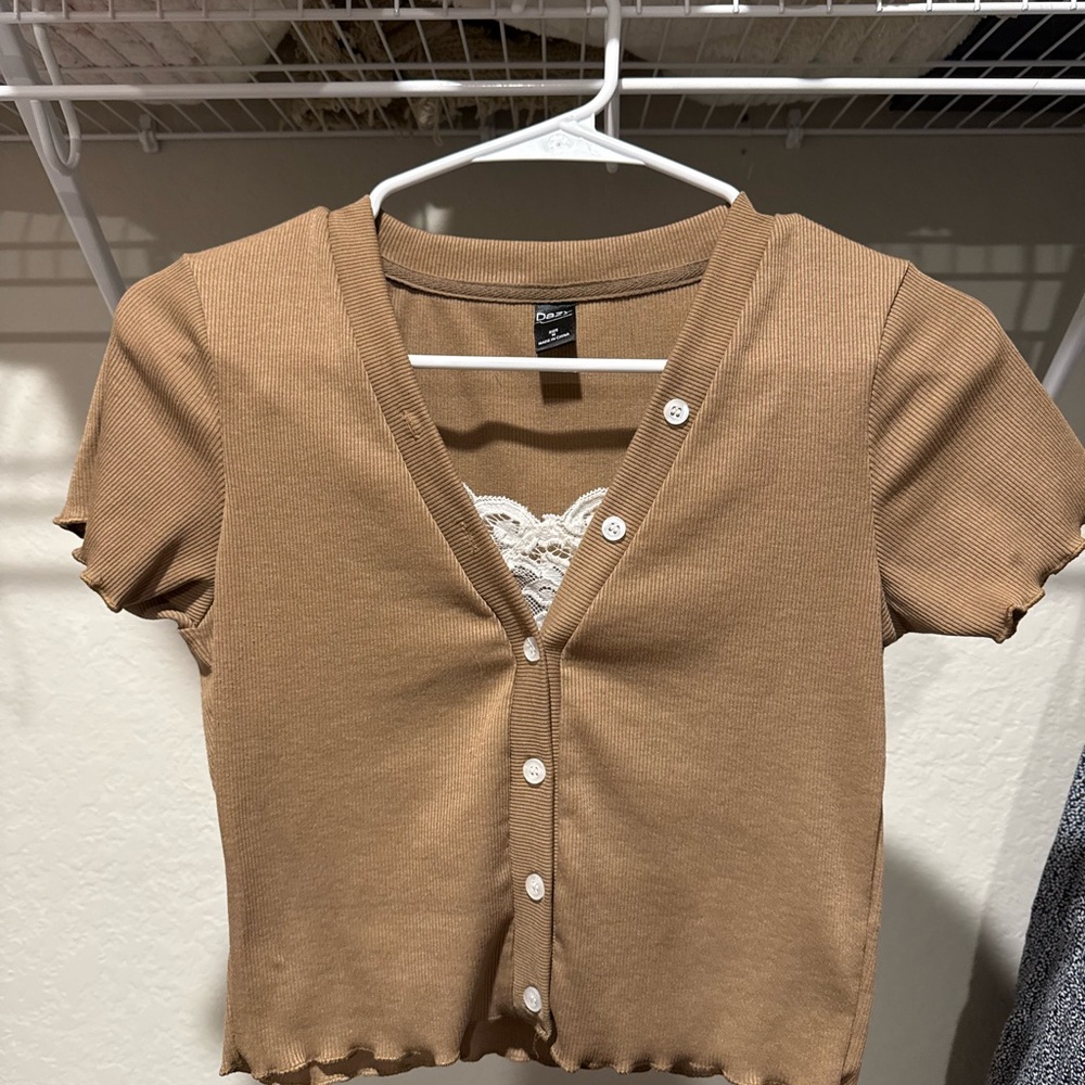 Tan Button-Up Cardigan with Lace Detail